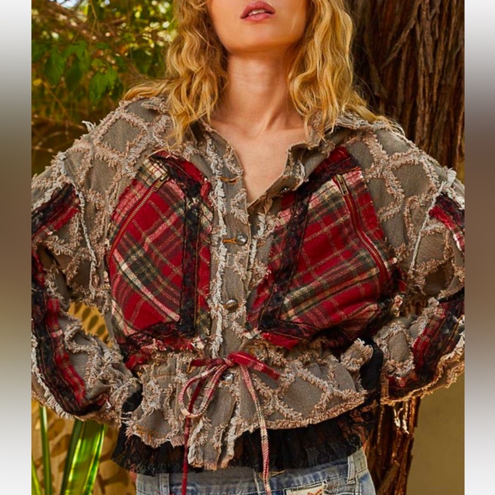 New POL Ruffle plaid bohemian textured jacket top tic tox